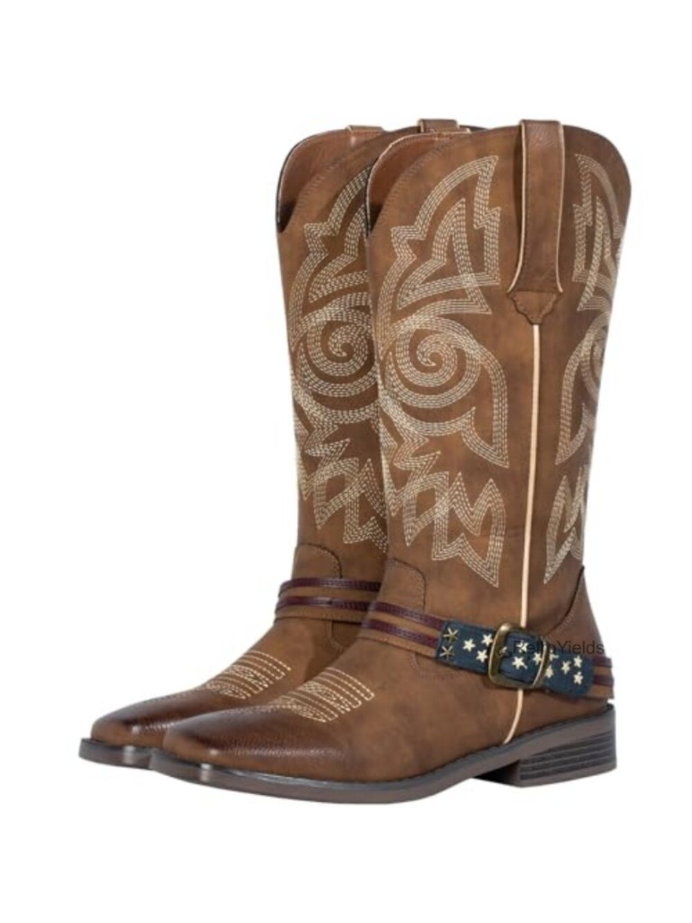 Women's Faux Leather Wide Square Toe Mid Calf Western Cowboy Boots